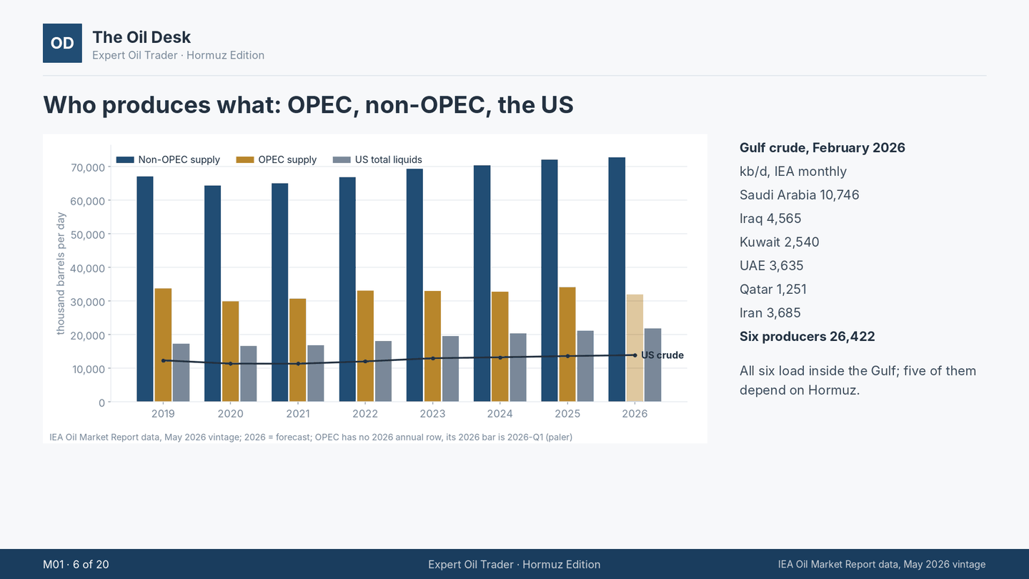 Course slide 'Who produces what: OPEC, non-OPEC, the US': a bar chart of non-OPEC supply, OPEC supply and US total liquids from 2019 to 2026, beside a table of February 2026 Gulf crude production for Saudi Arabia, Iraq, Kuwait, the UAE, Qatar and Iran totalling 26,422 thousand barrels a day.
